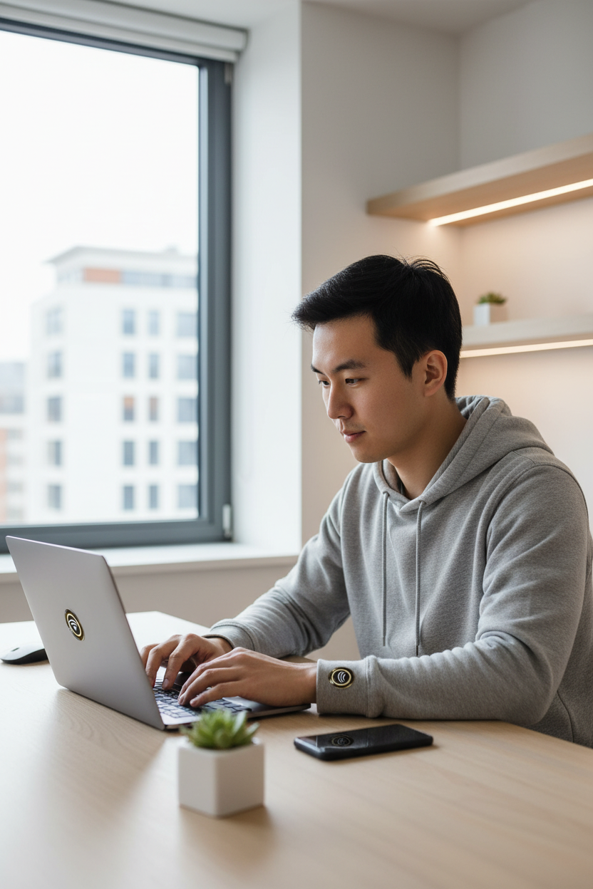 Man at desk with EMF sticker on phone