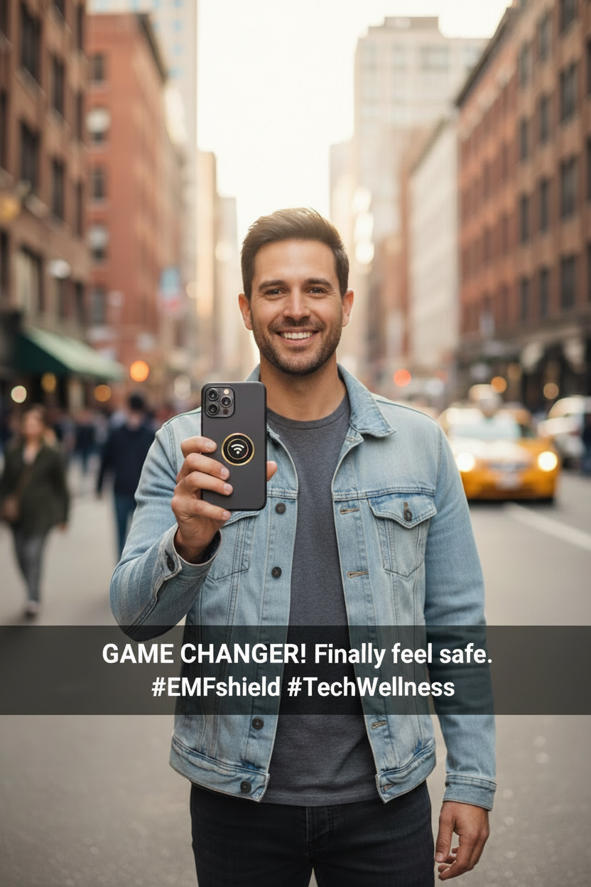 Man on Street with EMF Sticker