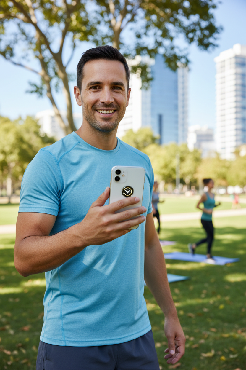Man outdoors with EMF sticker