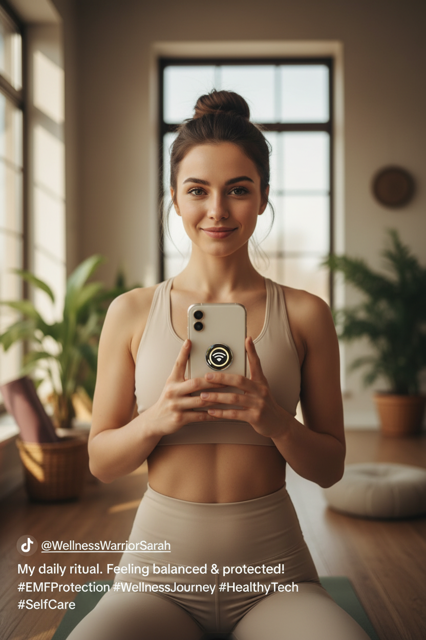 Wellness woman with EMF sticker