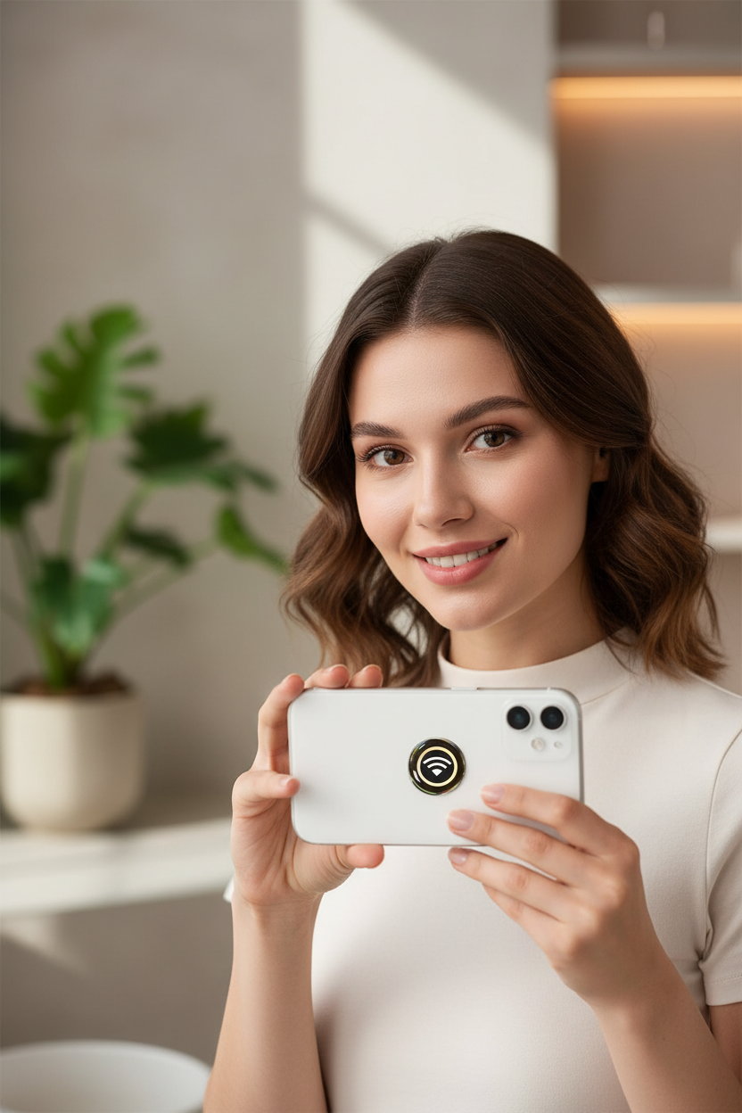 Woman holding phone with EMF sticker