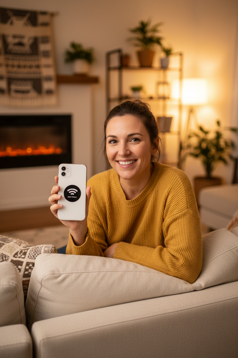Woman on couch with EMF sticker